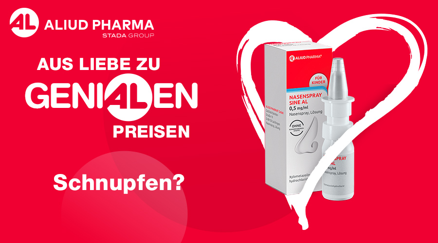 Werbung für Nasenspray sine AL 0,5 mg/ml. Roter Hintergrund, Produkt und Herz.